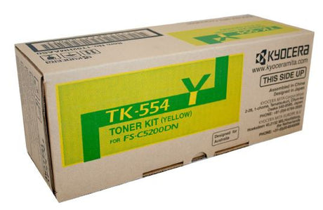 Kyocera TK-554Y Yellow Toner cartridge for vibrant prints, reliable performance, and high page yield of up to 6,000 pages.