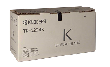 Kyocera TK-5224K black toner cartridge for sharp prints, yields up to 1,200 pages, compatible with multiple Kyocera models.