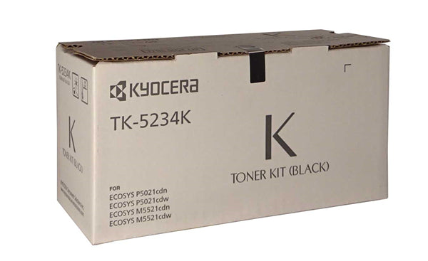 Kyocera TK-5234K Black Toner cartridge for high-quality prints, yields 2,200 pages, compatible with P5021 and M5521 models.