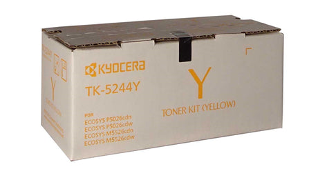 Kyocera TK-5244Y Yellow Toner cartridge, ideal for vibrant prints, yielding up to 3,000 pages, compatible with specific Kyocera printers.