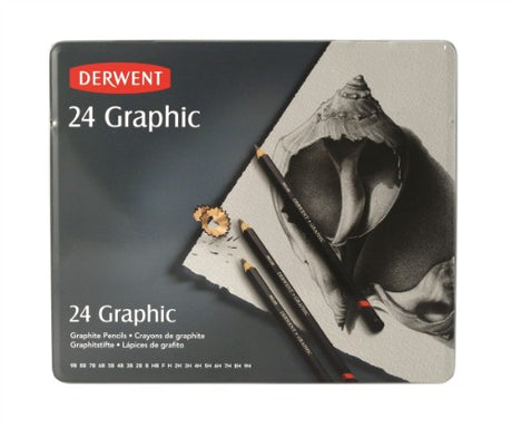 Derwent Graphic Pencils tin of 24, featuring a range from 9H to 9B for detailed drawing, shading, and texturing.