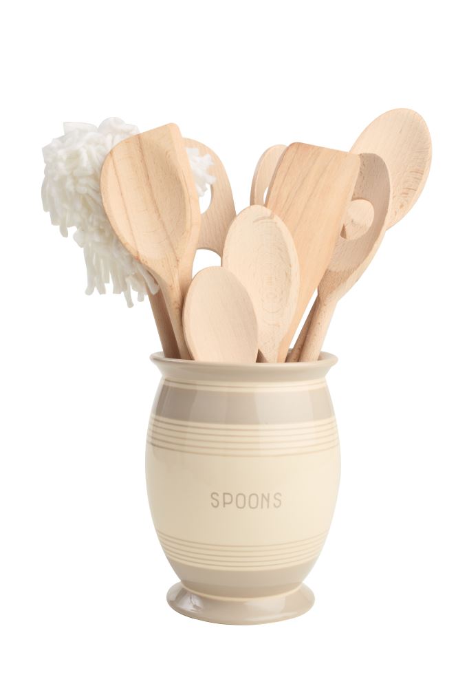 Elegant ceramic spoon jar with wide mouth for easy storage of utensils, enhancing kitchen organization and decor.