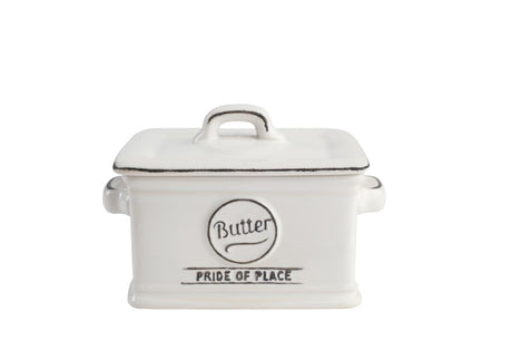 Elegant white butter dish from T & G, perfect for standard sticks; blends style and functionality for any kitchen decor.