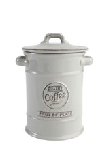 Elegant grey ceramic coffee canister with embossed lettering and airtight lid, enhancing kitchen decor while keeping coffee fresh.