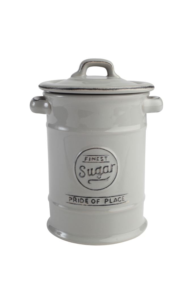 Grey ceramic sugar canister with embossed 'Finest Sugar' text, featuring an airtight seal for freshness and a vintage design.