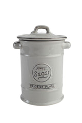 Grey ceramic sugar canister with embossed 'Finest Sugar' text, featuring an airtight seal for freshness and a vintage design.