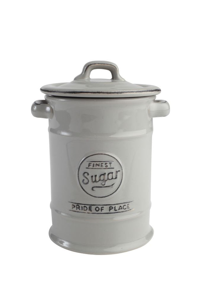 Grey ceramic sugar canister with embossed 'Finest Sugar' text, featuring an airtight seal for freshness and a vintage design.
