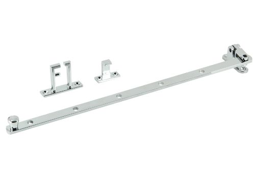Chrome-plated Casement Stay 355mm for side hung windows, durable brass and zinc, includes draft seal packer and stainless steel fixings.