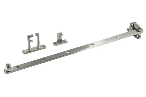 Satin nickel plated casement stay for side hung windows, durable brass and zinc, includes packer and fixings.