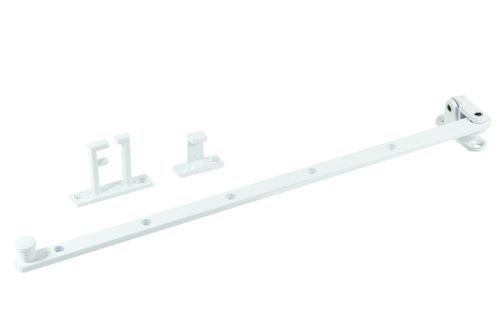 White powder-coated casement stay 355mm for side hung windows, providing secure closure and smooth operation.