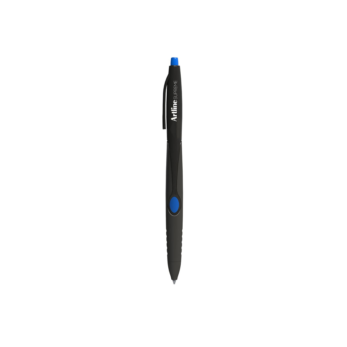 Set of 12 Artline Supreme retractable blue pens with sleek design, contoured grip, and 1.0mm smooth ink for precision writing.