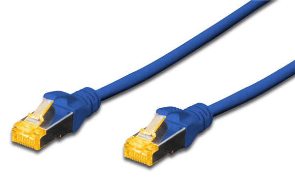 Digitus 2M blue CAT6A patch lead with S-FTP shielding, RJ45 connectors, ideal for high-speed Ethernet connectivity.