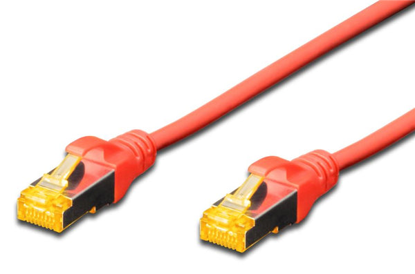 Red 3M Digitus S-FTP CAT6A patch cable with high-speed performance, shielding, and durable connectors for reliable networking.