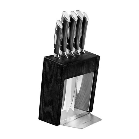 Scanpan Kalo 6-Piece Ash Block Set featuring premium knives with ergonomic handles and durable ash wood block for stylish storage.