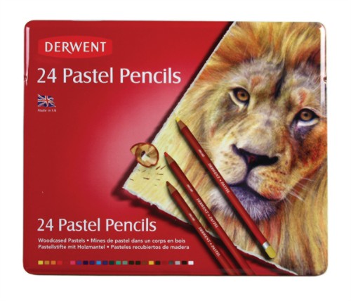 Assorted tin of 24 Derwent pastel pencils in vibrant colors, featuring a soft, water-soluble core for easy blending.