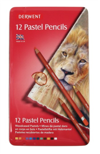 Derwent Pastel Pencils in a tin of 12, featuring vibrant colors, a smooth texture, and mess-free application for artists.