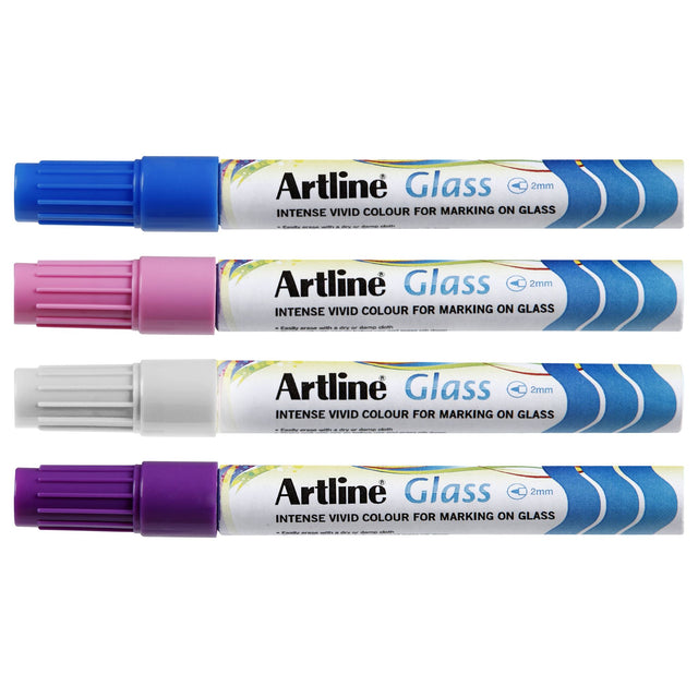 Artline Glass Marker set featuring 12 vibrant 2mm markers in white, blue, purple, and pink, ideal for glossy surfaces.