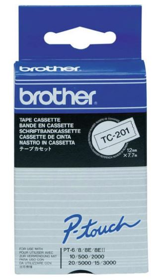 Brother TC-201 12mm x 8m Black on White Label Tape, ideal for versatile labeling in various settings, featuring durable, laminated design.