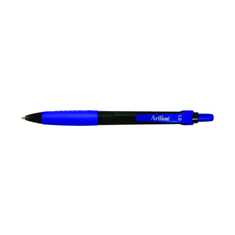 Artline 8410 Bpp retractable blue pens with rubber grip, 12-pack, offering smooth writing and comfort for everyday tasks.