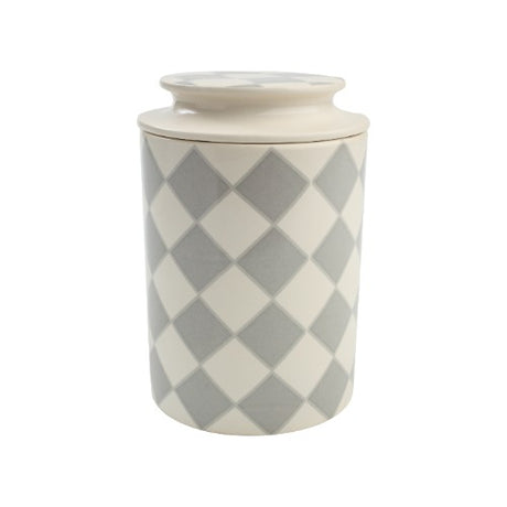 Stylish diamond-patterned ceramic canister with airtight lid for fresh storage of dried goods and snacks.