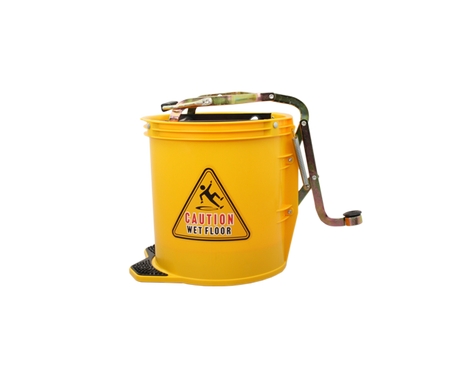 Raven 16L wringer bucket with wheels, featuring foot-operated wringer for efficient cleaning in homes and businesses.