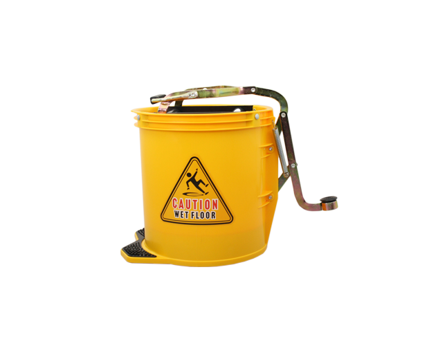 Raven 16L wringer bucket with wheels, featuring foot-operated wringer for efficient cleaning in homes and businesses.