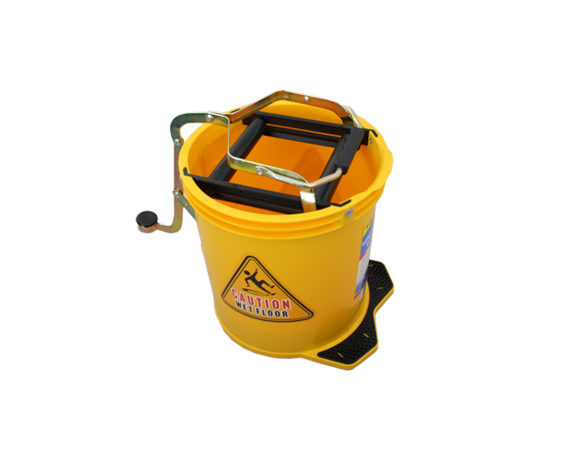 Wringer bucket with wheels, 16L capacity, designed for effortless cleaning and efficient water extraction.