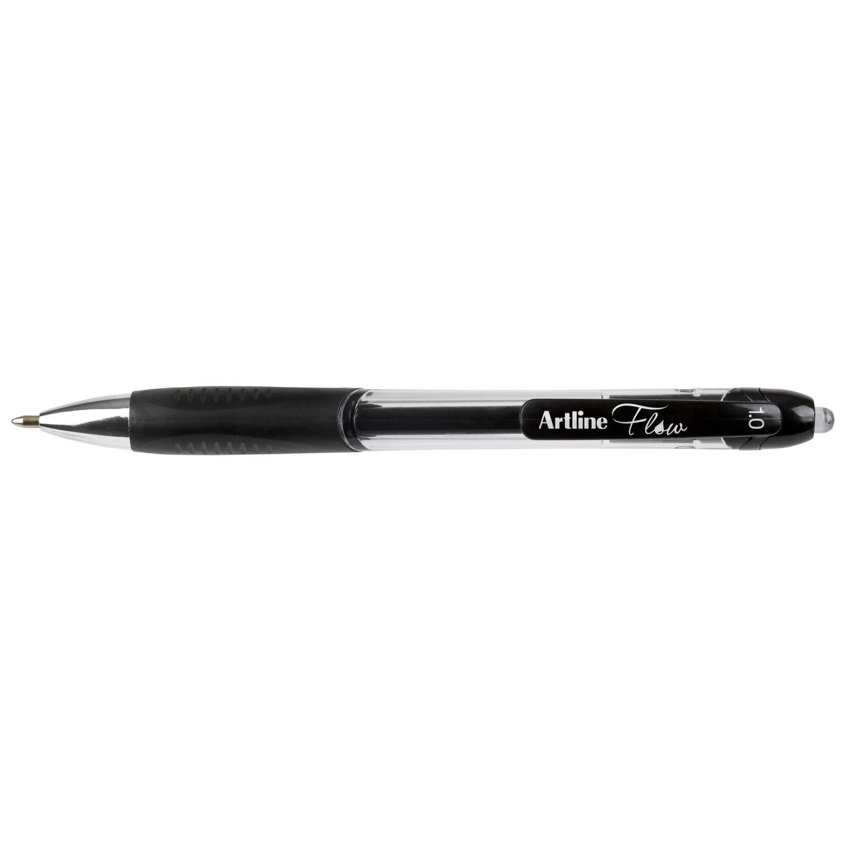 Artline Flow Retractable Pen pack of 12, featuring smooth gel ink, 1.0mm width, rubber grip, and stylish tinted barrels.