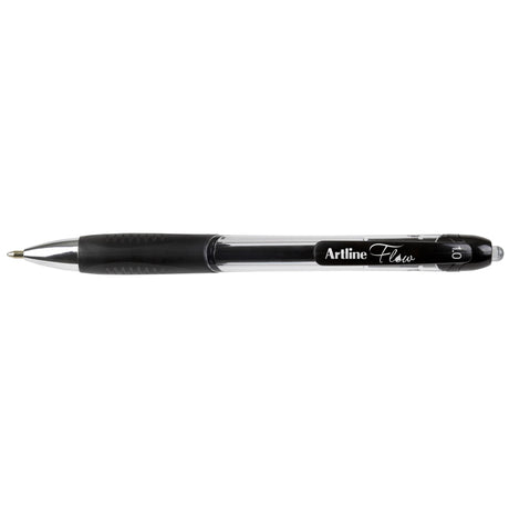 Artline Flow Retractable Pen pack of 12, featuring smooth gel ink, 1.0mm width, rubber grip, and stylish tinted barrels.