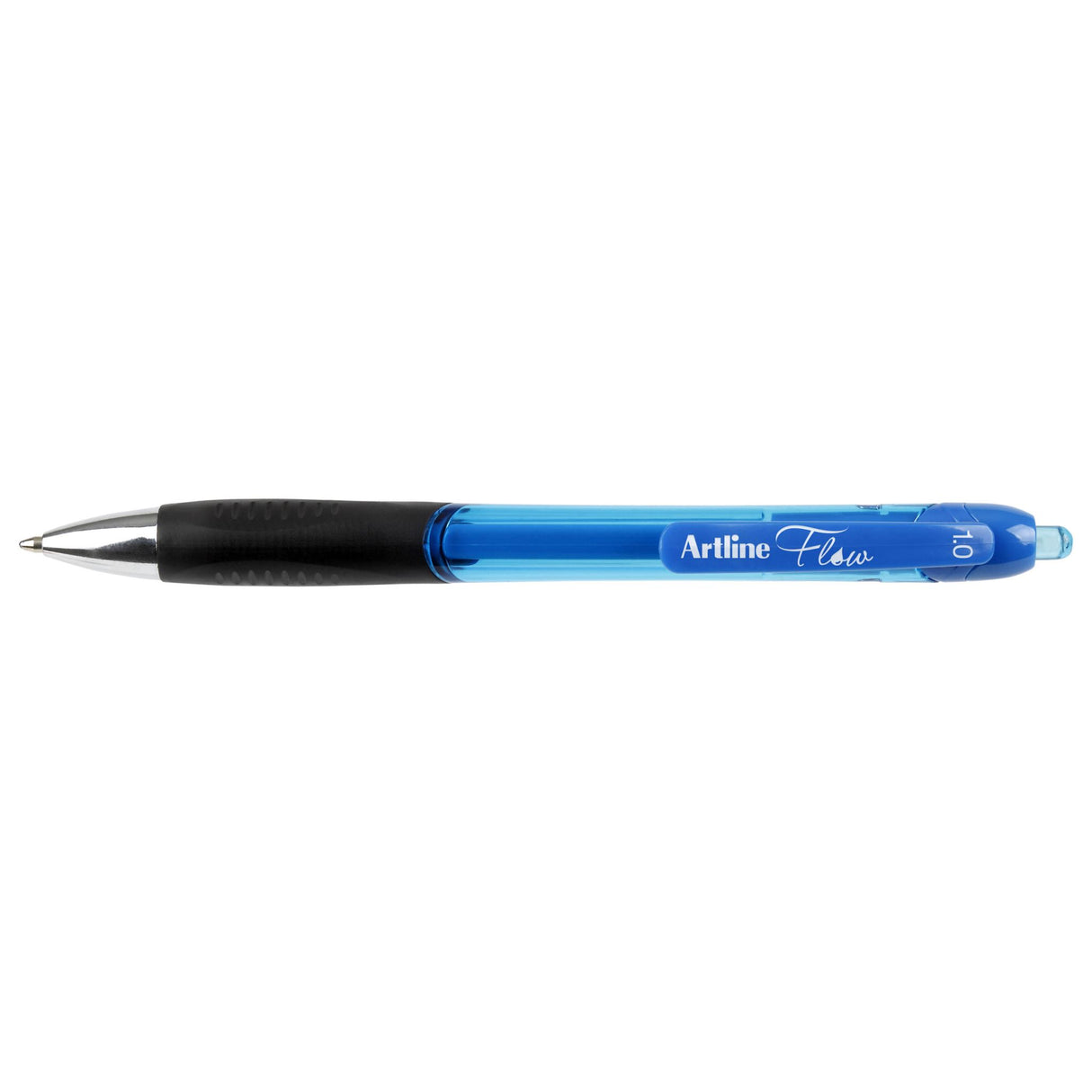 Artline Flow Retractable Pen pack of 12 in blue, featuring low-viscosity gel ink, ergonomic grip, and stylish tinted barrel.