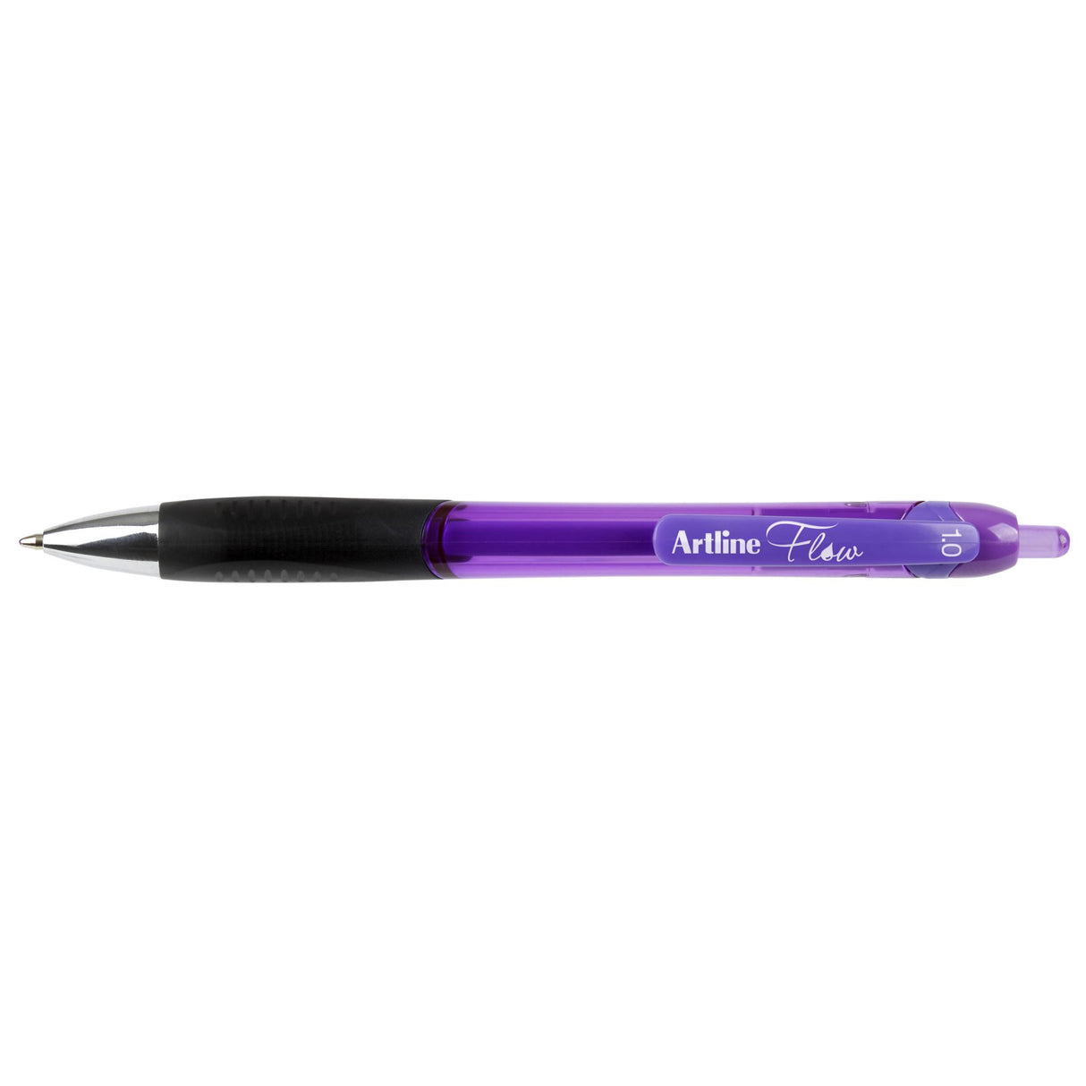 Set of 12 Artline Flow purple retractable pens with gel ink, featuring a rubber grip and stylish tinted barrel for smooth writing.