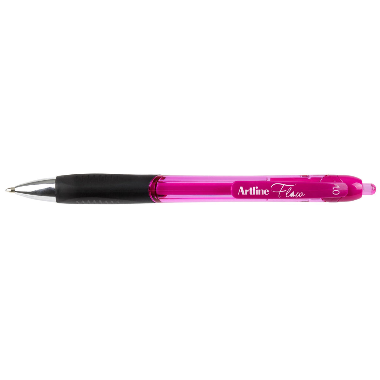 Artline Flow Retractable Pen pack in pink, features 12 smooth gel ink pens with a comfortable grip and stylish tinted barrels.