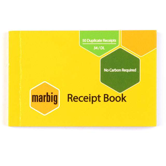 Marbig Receipt Book 34 with 50 leaf duplicate forms, perfect for precise transaction tracking and organized record-keeping.