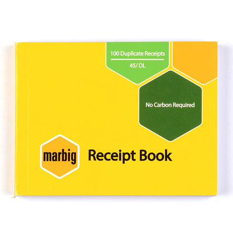 Marbig Receipt Book 45 features 100 carbon-free duplicate forms, perfect for organized invoicing and record-keeping.