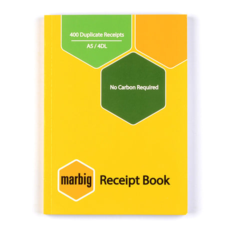 A5 Marbig Receipt Book with 400 perforated leaves for organized financial record-keeping and easy document filing.