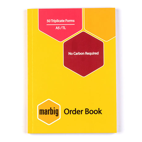 Marbig Order Book A5 with carbon-free, pre-numbered duplicate pages for efficient order tracking in a compact design.