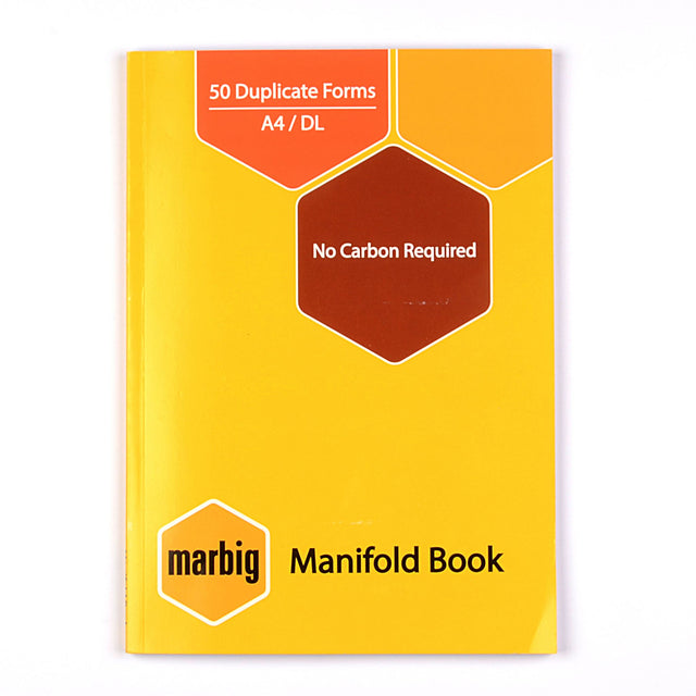 Marbig Manifold Book A4: 50 pre-numbered duplicate forms for invoicing and reports, carbon-free for crisp, legible copies.