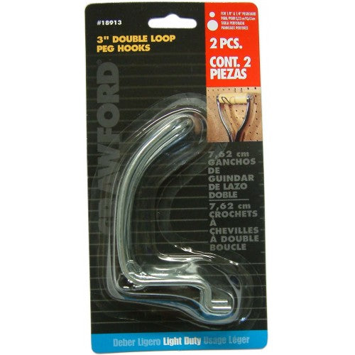 Double loop pegboard hooks, 3" long, securely store tools and accessories with 21mm prong spacing for efficient organization.