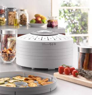 Sunbeam Food Dehydrator DT5600 with 5 racks, adjustable heat settings, and bonus tray for homemade healthy snacks.