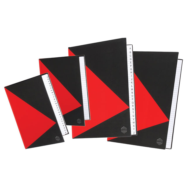 Marbig A4 Notebook with hard cover, 200 pages, twin wire binding, in stylish Red & Black, ideal for note-taking and journaling.