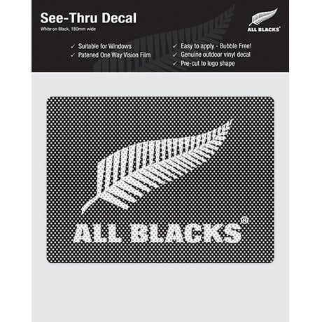 All Blacks white see-thru decal for vehicles, 180x130mm, easy application, removable, ideal for rugby fans.