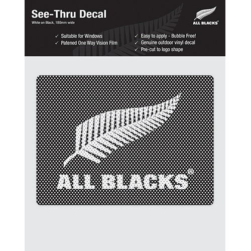 All Blacks white see-thru decal for vehicles, 180x130mm, easy application, removable, ideal for rugby fans.