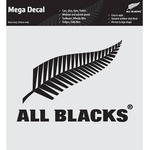 All Blacks Precut Black Mega Decal showcasing the iconic logo, perfect for rugby fans and easy to apply on various surfaces.