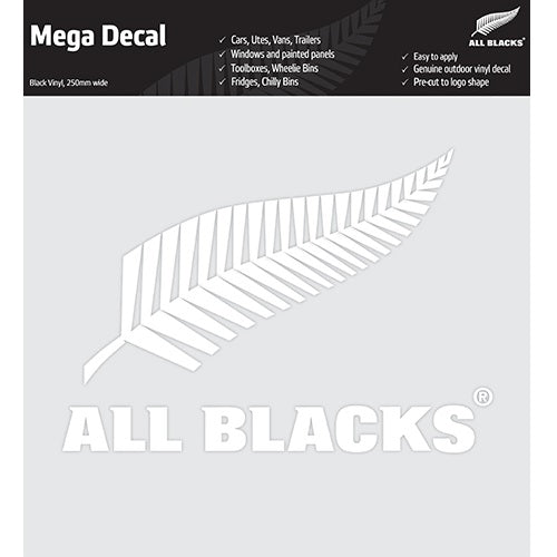 All Blacks Precut White Mega Decal featuring a bold design, easy application, and removable without damage, ideal for true fans.