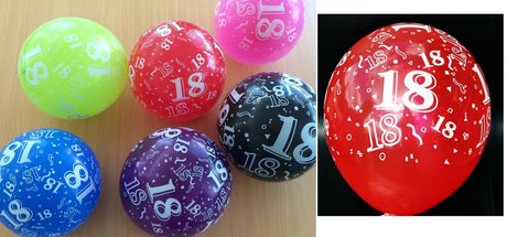 Assorted 18th printed helium balloons in vibrant colors, perfect for birthday celebrations, measuring 30cm each.