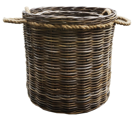 Elegant grey round cane log baskets set of 2, perfect for stylish storage of firewood, blankets, or magazines.