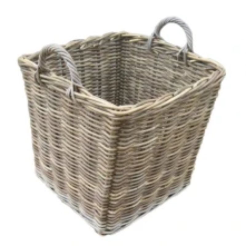 Square cane log basket in grey wash, ideal for organizing firewood or blankets, featuring durable material and easy-grab handles.