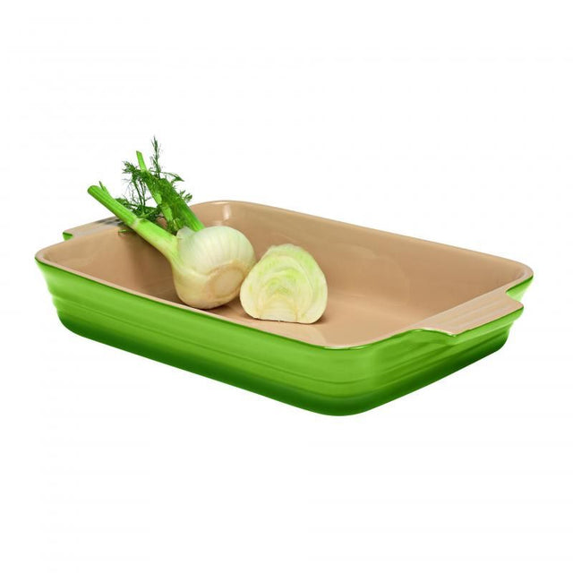 Vibrant apple-colored rectangular stoneware baker, perfect for roasting, baking, and serving with style.