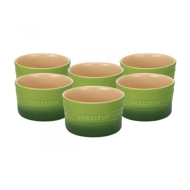 Chasseur La Cuisson 6-Piece Ramekin Set in Apple, perfect for desserts and appetizers, oven, microwave, and freezer safe.