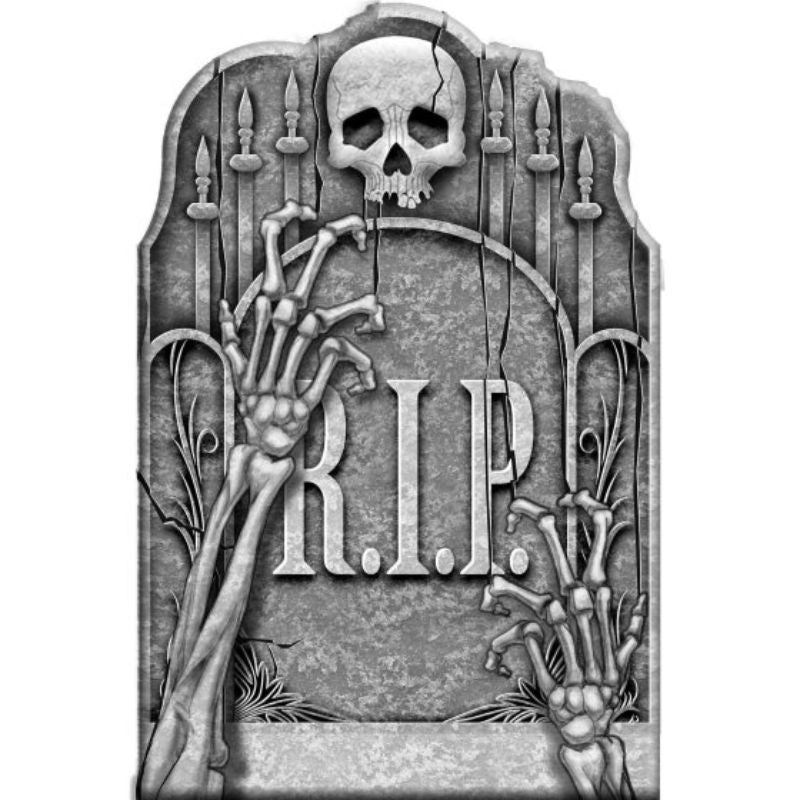 Ghostly arms emerging from a styrofoam tombstone, perfect for a chilling Halloween display with easy installation stakes.